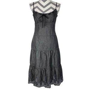 Elie Tahari Chambray Denim Tiered Eyelet Midi Sun Dress Womens Small Grey Black